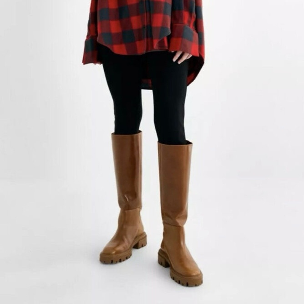 ZARA Flat Knee Brown Tall Leather Boots - Picture 9 of 16